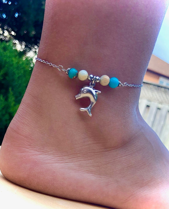 Dainty Blue Jasper ANKLET-Gemstone Ankle Bracelet with Dolphin Charm-Stainless Steel