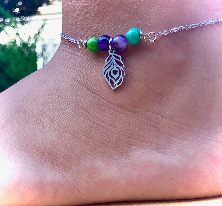 Dainty Green Turquoise & Amethyst ANKLET-Gemstone Ankle Bracelet with Peacock Feather Charm-Stainless Steel