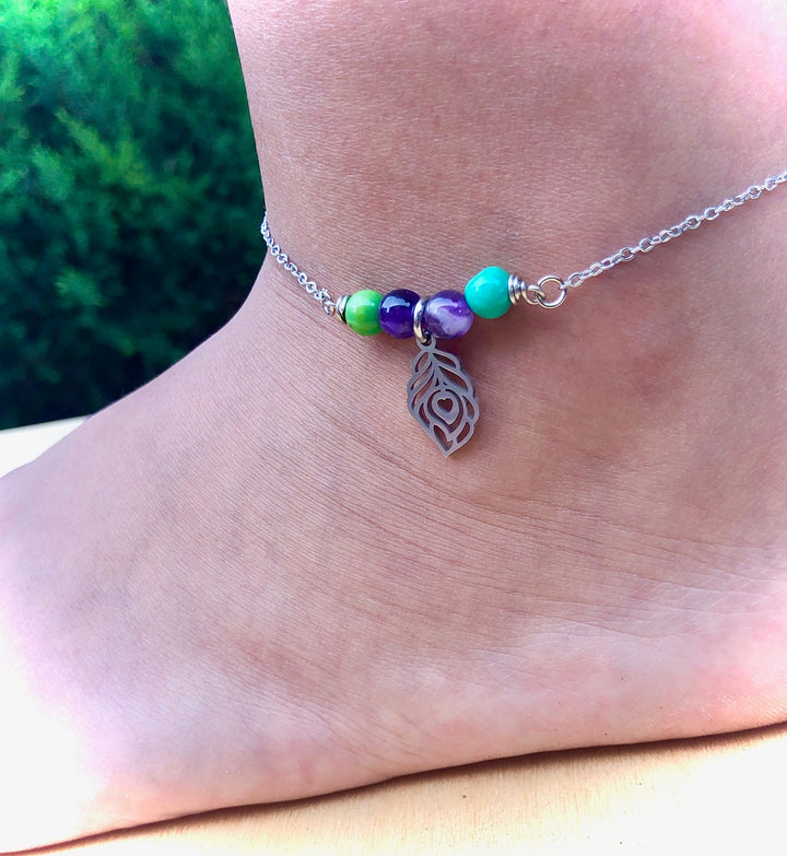 Dainty Green Turquoise & Amethyst ANKLET-Gemstone Ankle Bracelet with Peacock Feather Charm-Stainless Steel