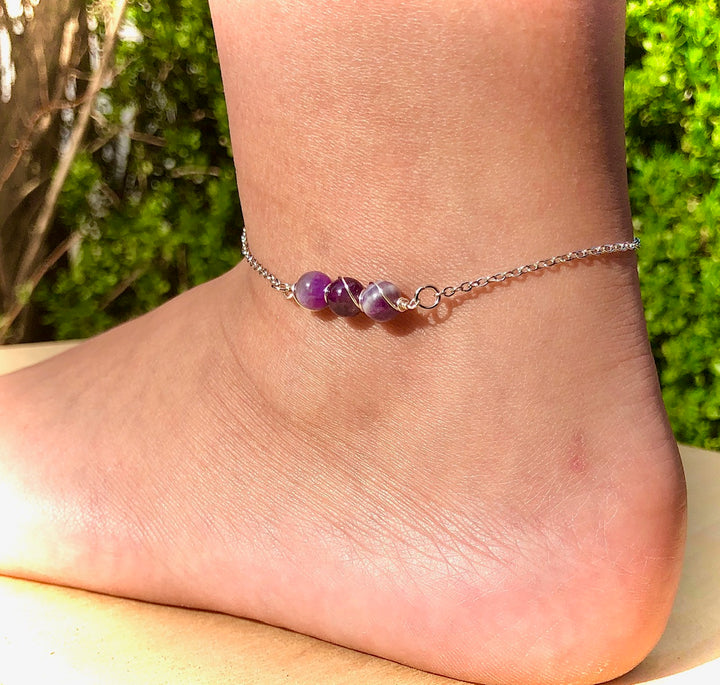 Dainty Amethyst ANKLET-Minimalist Gemstone Ankle Bracelet-Stainless Steel