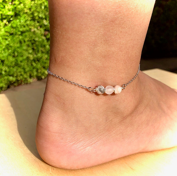Dainty Pink Zebra Jasper & Rose Quartz ANKLET-Minimalist Gemstone Ankle Bracelet-Stainless Steel