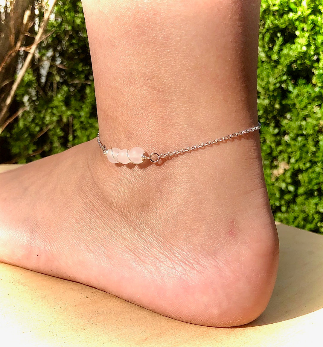 Dainty Rose Quartz ANKLET-Minimalist Gemstone Ankle Bracelet-Stainless Steel