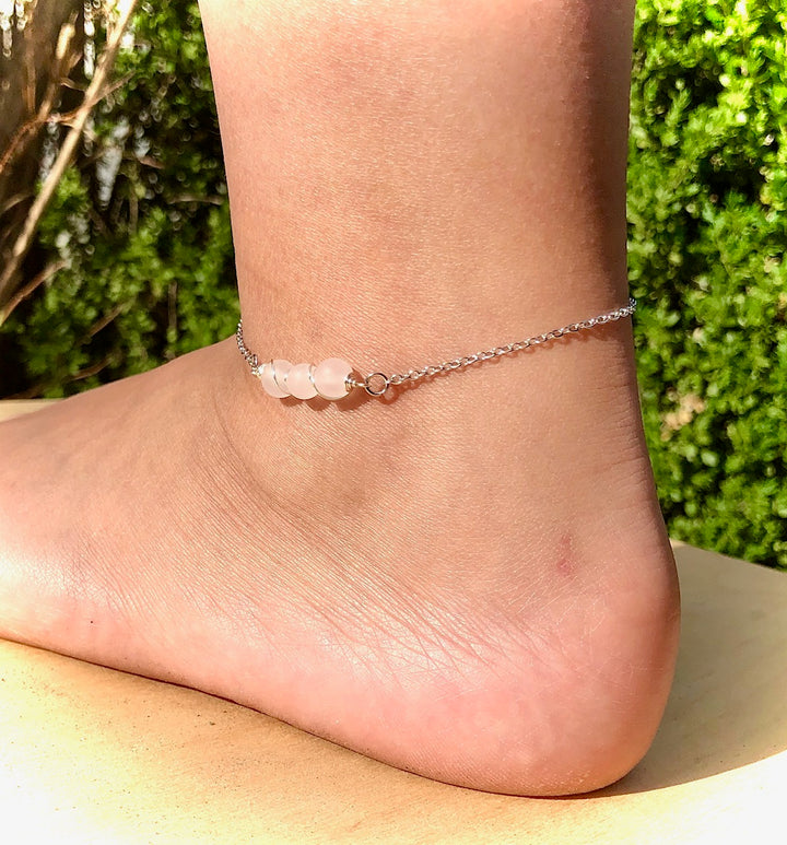 Dainty Rose Quartz ANKLET-Minimalist Gemstone Ankle Bracelet-Stainless Steel
