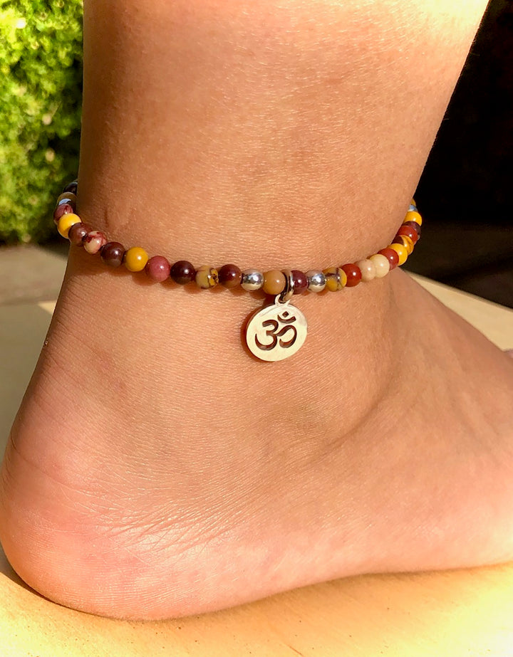 Dainty Mookaite ANKLET-Gemstone Ankle Bracelet with OM Charm