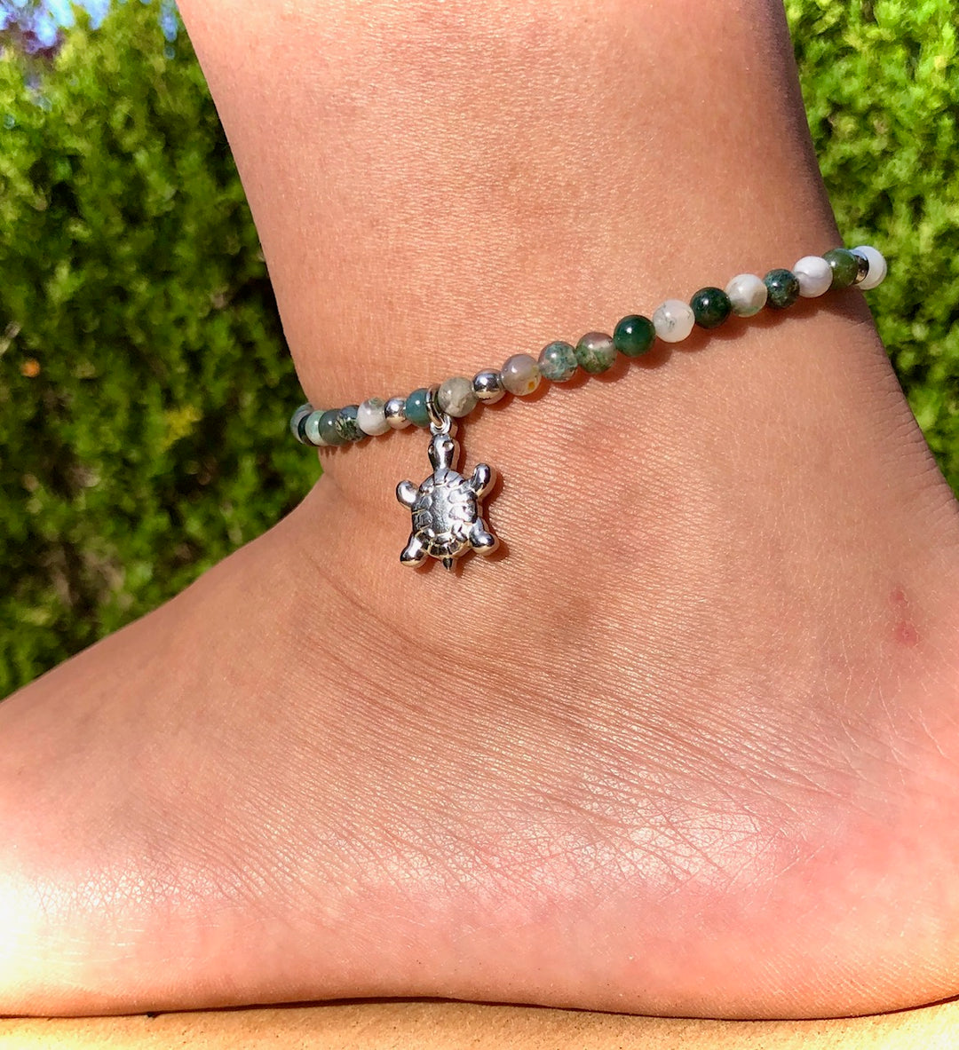 Dainty Green Agate ANKLET-Gemstone Ankle Bracelet with Turtle Charm-Stainless Steel