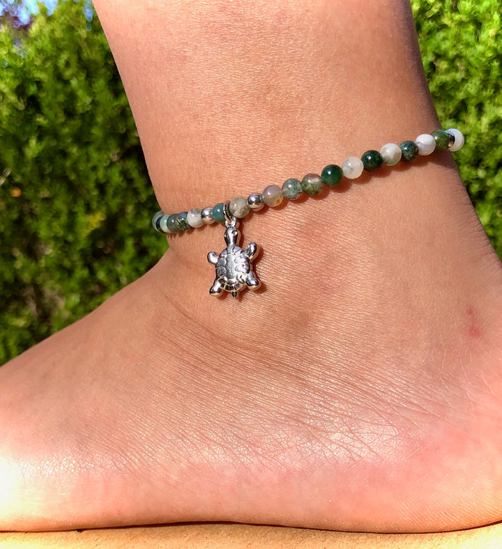Dainty Green Agate ANKLET-Gemstone Ankle Bracelet with Turtle Charm-Stainless Steel