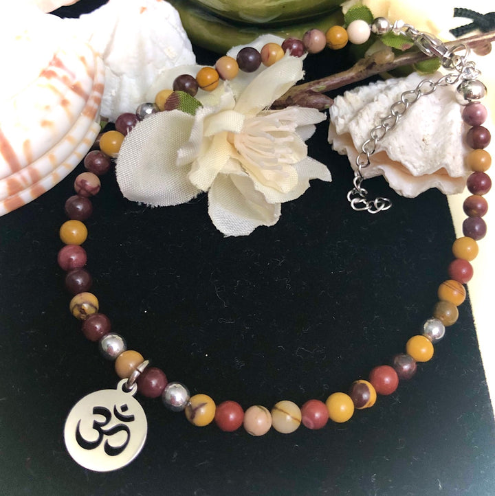 Dainty Mookaite ANKLET-Gemstone Ankle Bracelet with OM Charm