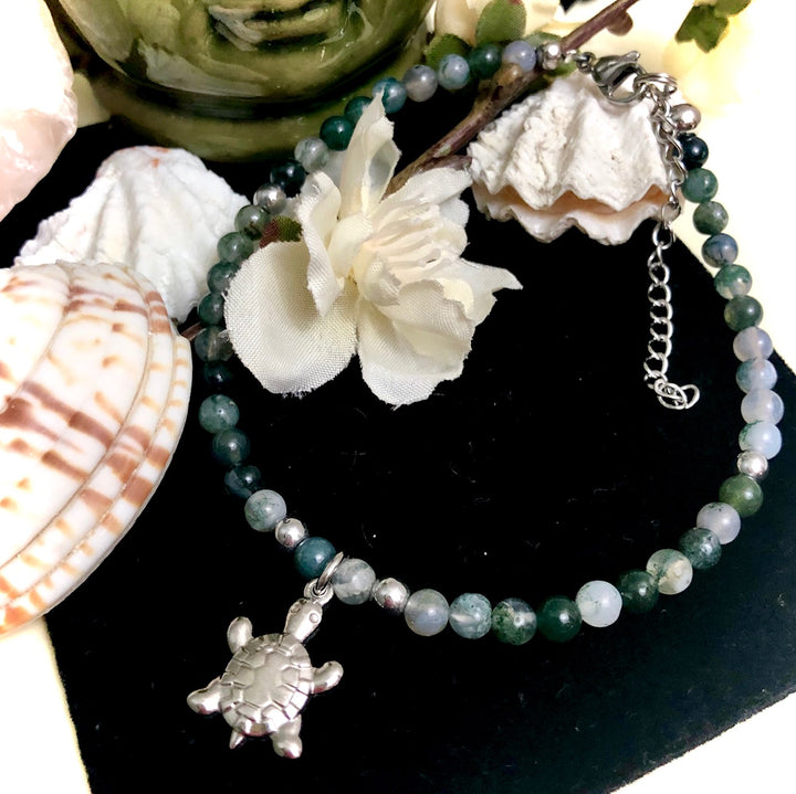 Dainty Green Agate ANKLET-Gemstone Ankle Bracelet with Turtle Charm-Stainless Steel