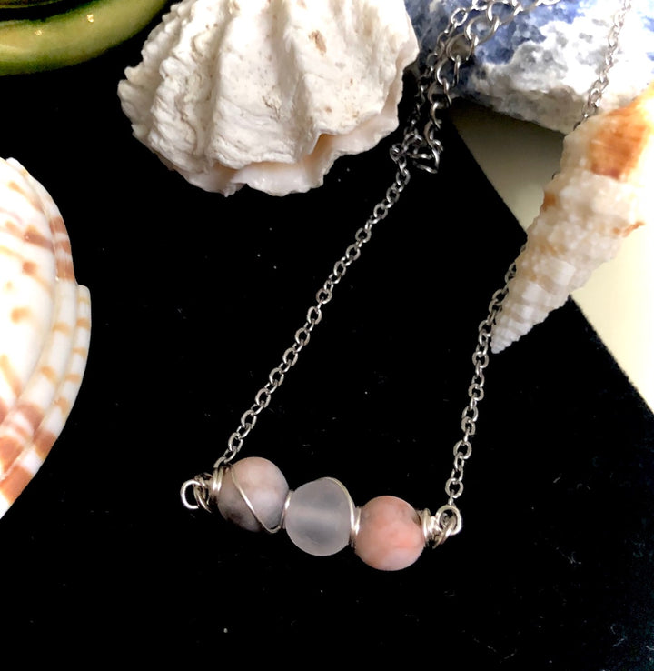Dainty Pink Zebra Jasper & Rose Quartz ANKLET-Minimalist Gemstone Ankle Bracelet-Stainless Steel
