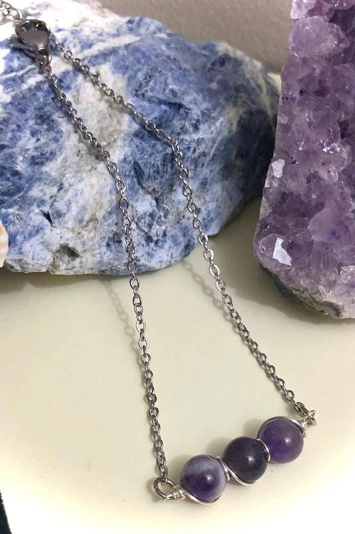 Dainty Amethyst ANKLET-Minimalist Gemstone Ankle Bracelet-Stainless Steel