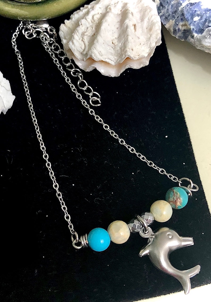 Dainty Blue Jasper ANKLET-Gemstone Ankle Bracelet with Dolphin Charm-Stainless Steel