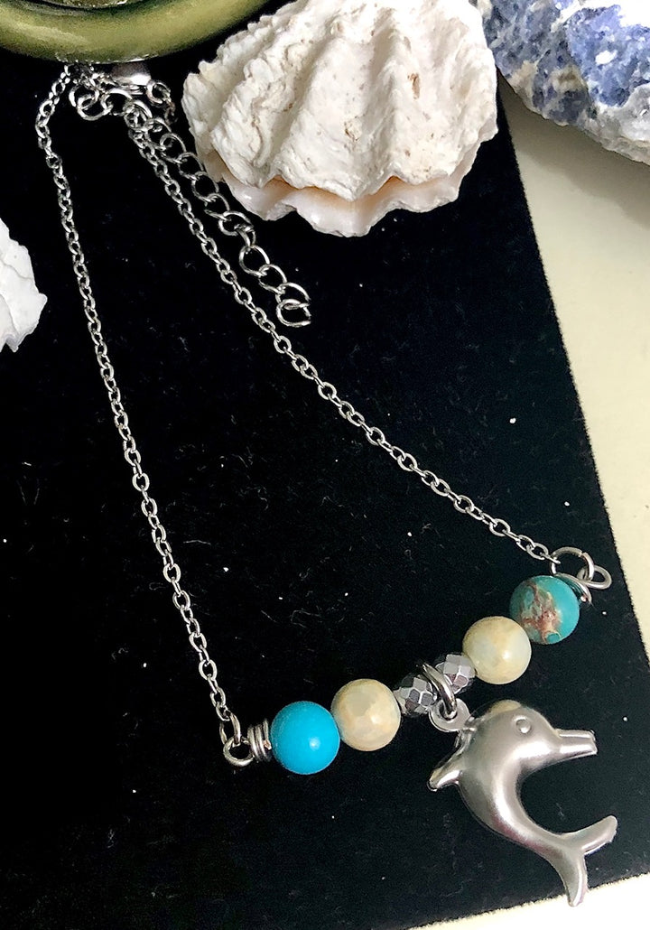 Dainty Blue Jasper ANKLET-Gemstone Ankle Bracelet with Dolphin Charm-Stainless Steel