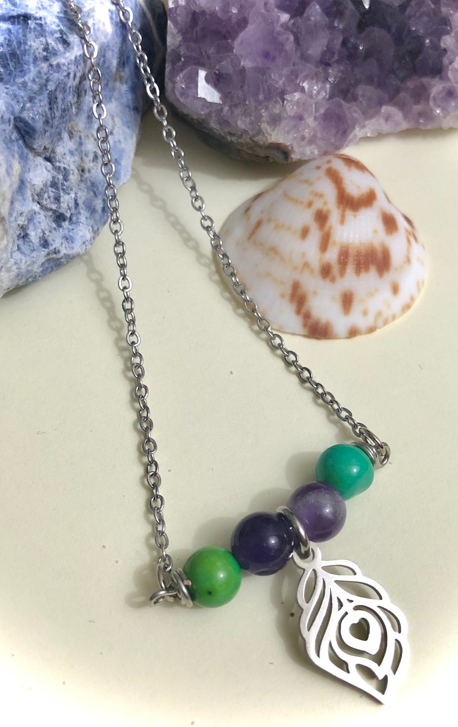 Dainty Green Turquoise & Amethyst ANKLET-Gemstone Ankle Bracelet with Peacock Feather Charm-Stainless Steel