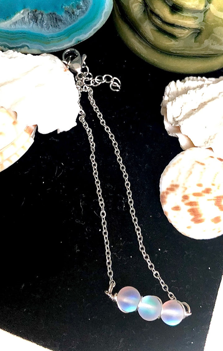 Dainty White Angel Aura Quartz ANKLET-Minimalist Gemstone Ankle Bracelet-Stainless Steel