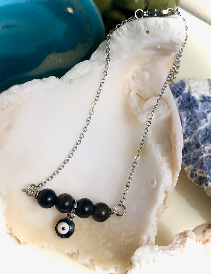 Dainty Evil Eye Gold Obsidian ANKLET-Minimalist Gemstone Ankle Bracelet-Stainless Steel