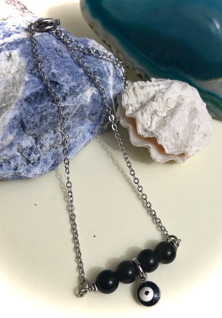 Dainty Evil Eye Gold Obsidian ANKLET-Minimalist Gemstone Ankle Bracelet-Stainless Steel