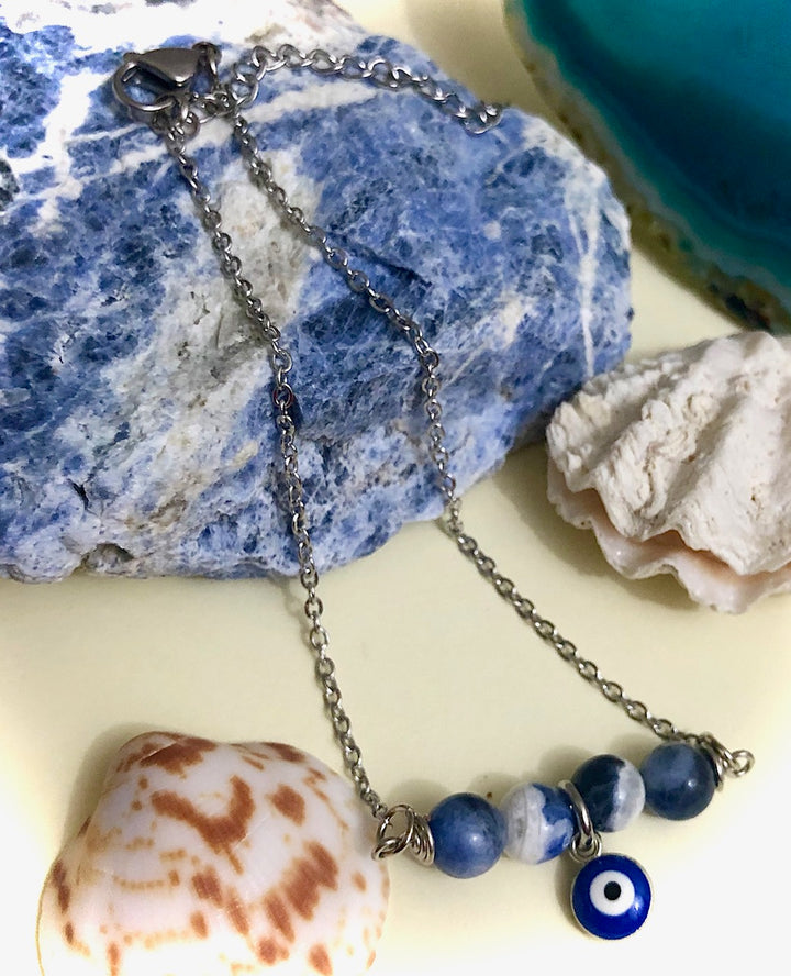 Dainty Evil Eye & Sodalite ANKLET-Minimalist Gemstone Ankle Bracelet-Stainless Steel