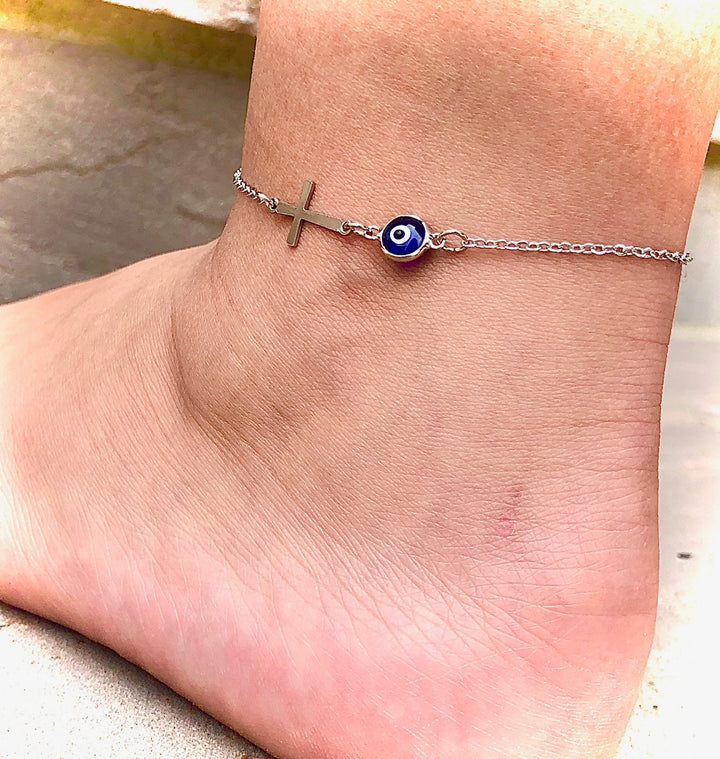 Dainty BLUE Evil Eye & Cross ANKLET-Minimalist-Protection Ankle Bracelet-Stainless Steel