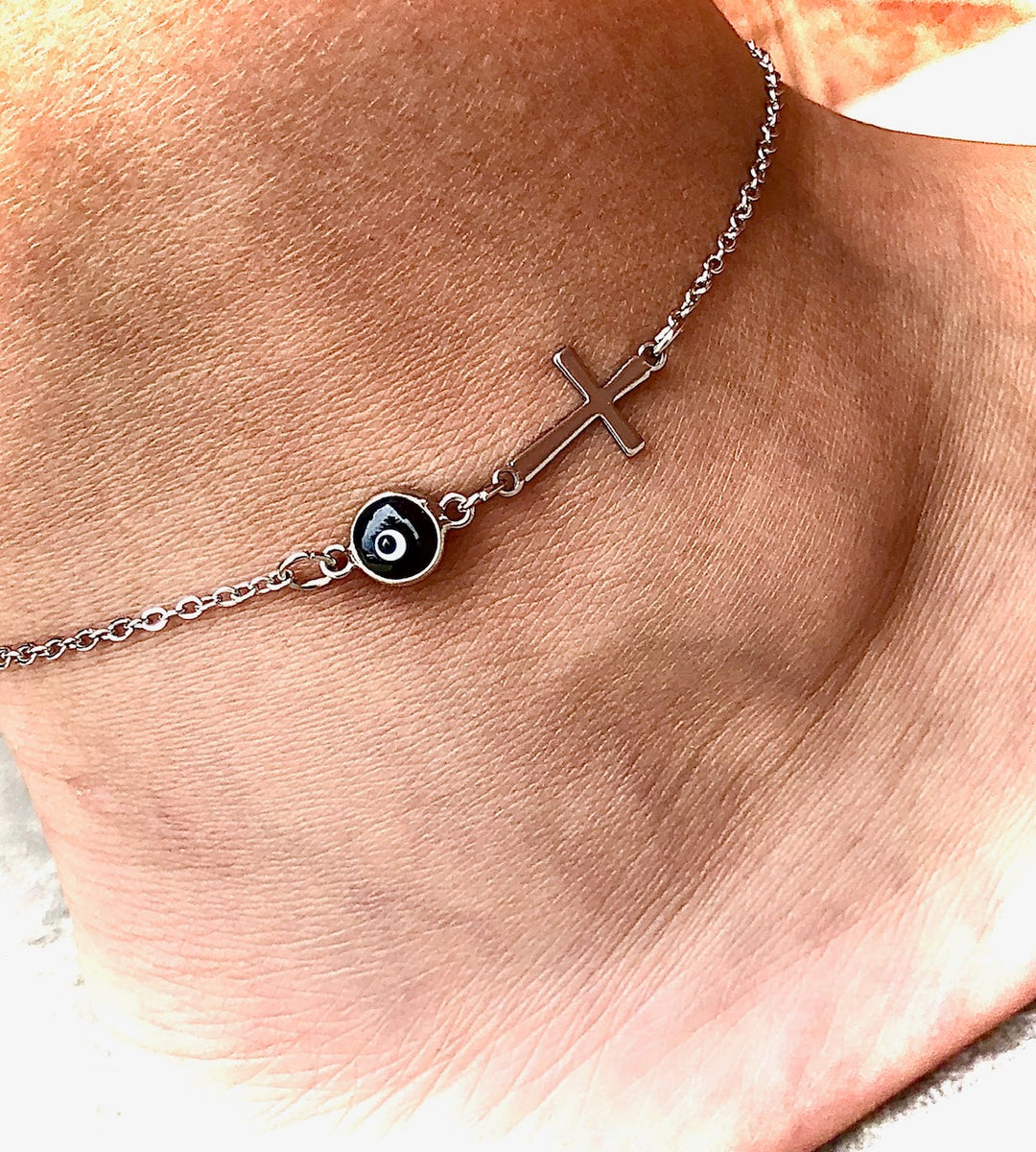Dainty & Classy Black Evil Eye & Cross ANKLET - Minimalist-Protection Ankle Bracelet-Stainless Steel