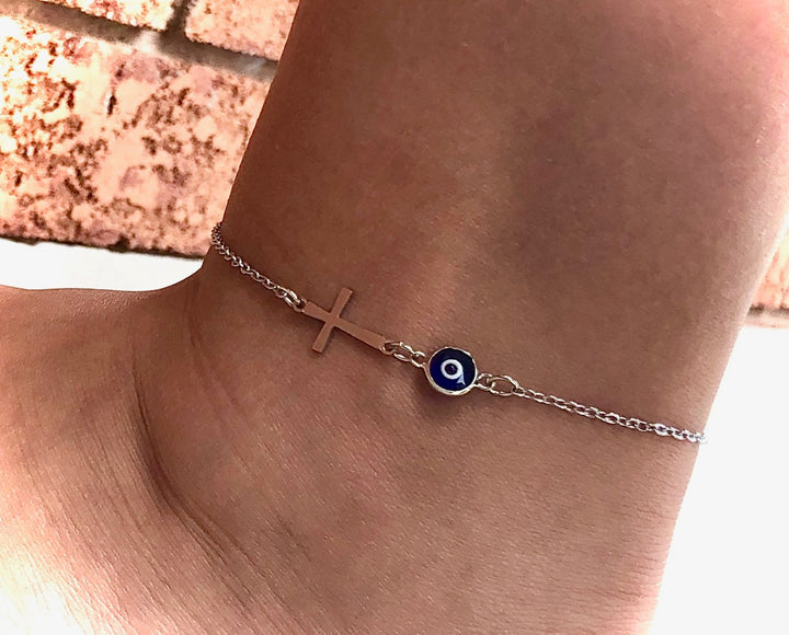 Dainty & Classy Black Evil Eye & Cross ANKLET - Minimalist-Protection Ankle Bracelet-Stainless Steel
