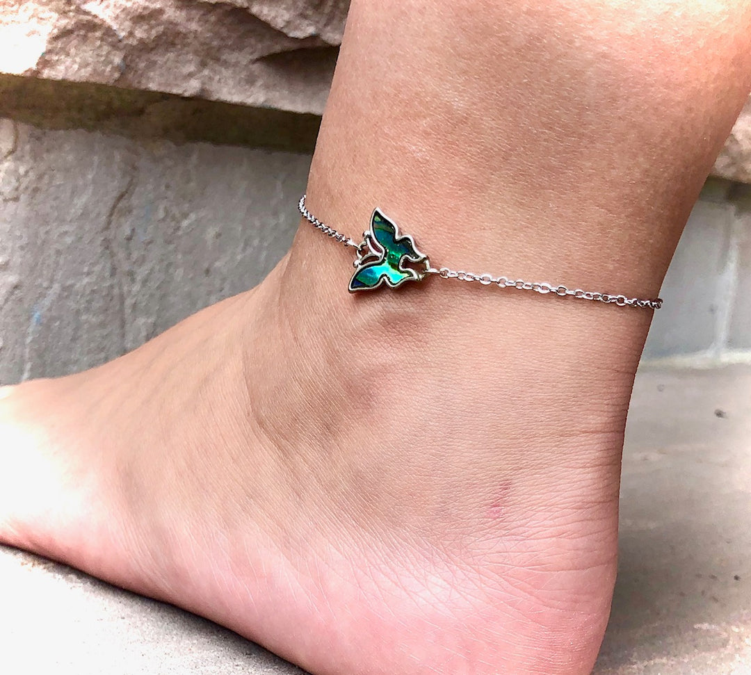 Dainty Abalone Shell BUTTERFLY ANKLET- Minimalist Gemstone Ankle Bracelet-Stainless Steel