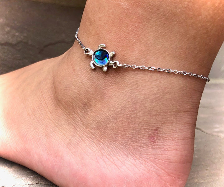 Dainty Abalone Shell TURTLE ANKLET-Minimalist Gemstone Ankle Bracelet-Stainless Steel