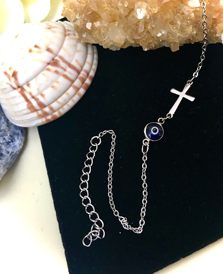 Dainty BLUE Evil Eye & Cross ANKLET-Minimalist-Protection Ankle Bracelet-Stainless Steel