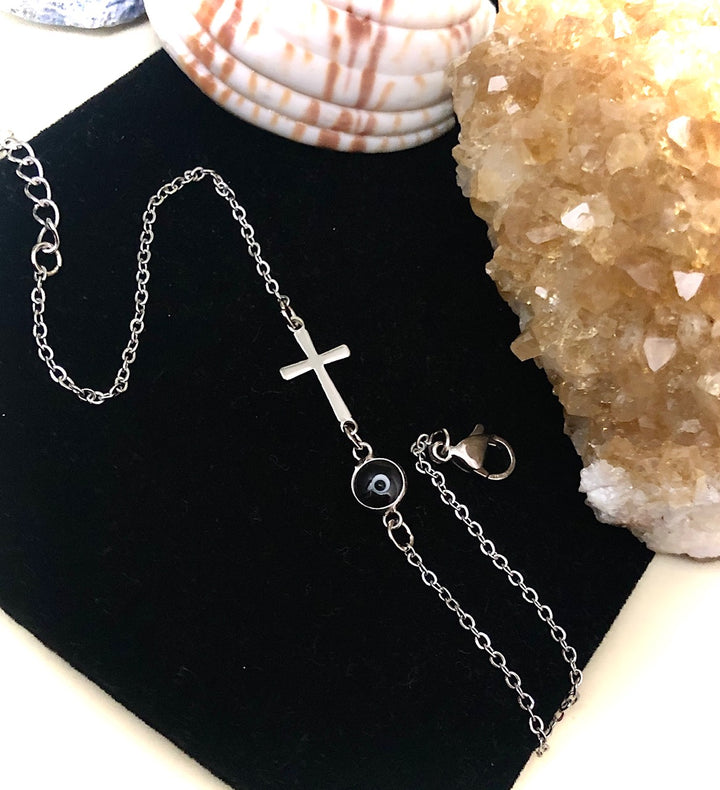 Dainty & Classy Black Evil Eye & Cross ANKLET - Minimalist-Protection Ankle Bracelet-Stainless Steel
