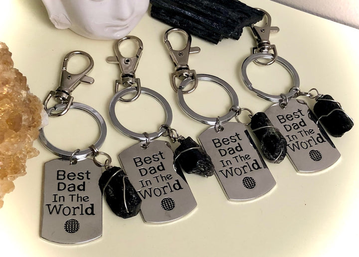 'Best Dad in the World'-Metal Keychain with Black Tourmaline Pendant-Protection Keychain