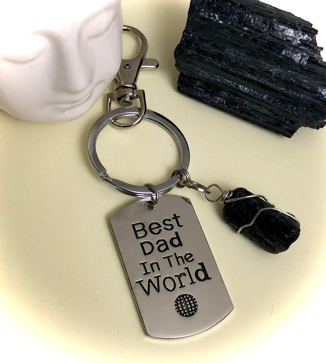 'Best Dad in the World'-Metal Keychain with Black Tourmaline Pendant-Protection Keychain