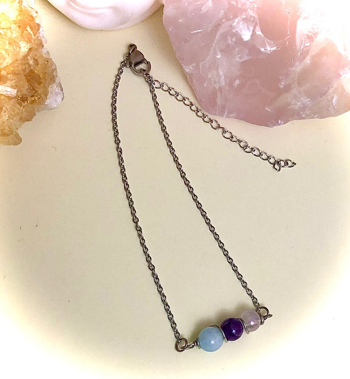 Amethyst, Aquamarine & Angel Aura Rose Quartz ANKLET-Minimalist Gemstone Ankle Bracelet