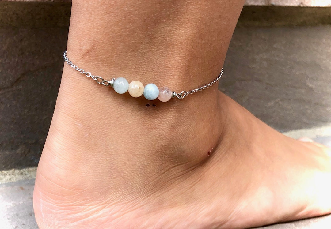 Morganite ANKLET-Gemstone Ankle Bracelet-Stainless Steel