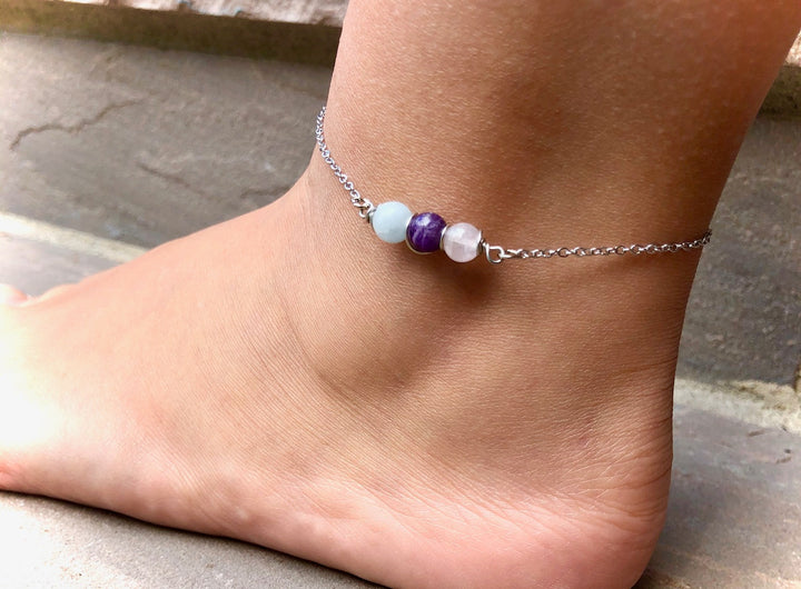 Amethyst, Aquamarine & Angel Aura Rose Quartz ANKLET-Minimalist Gemstone Ankle Bracelet