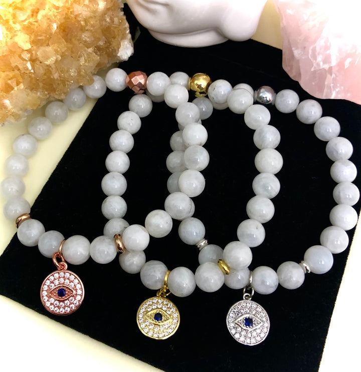 Pavé Evil Eye Charm Moonstone Bracelet- June Birthstone-Choice of Color