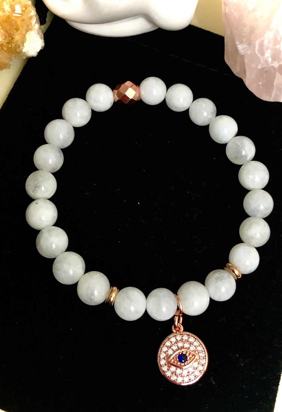 Pavé Evil Eye Charm Moonstone Bracelet- June Birthstone-Choice of Color