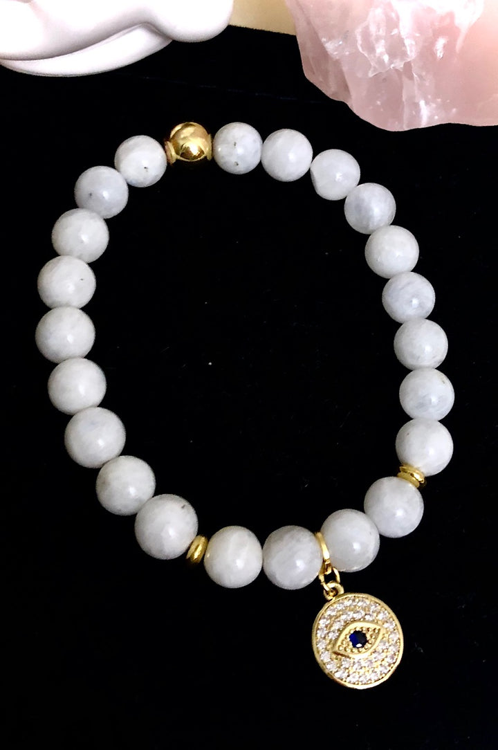 Pavé Evil Eye Charm Moonstone Bracelet- June Birthstone-Choice of Color