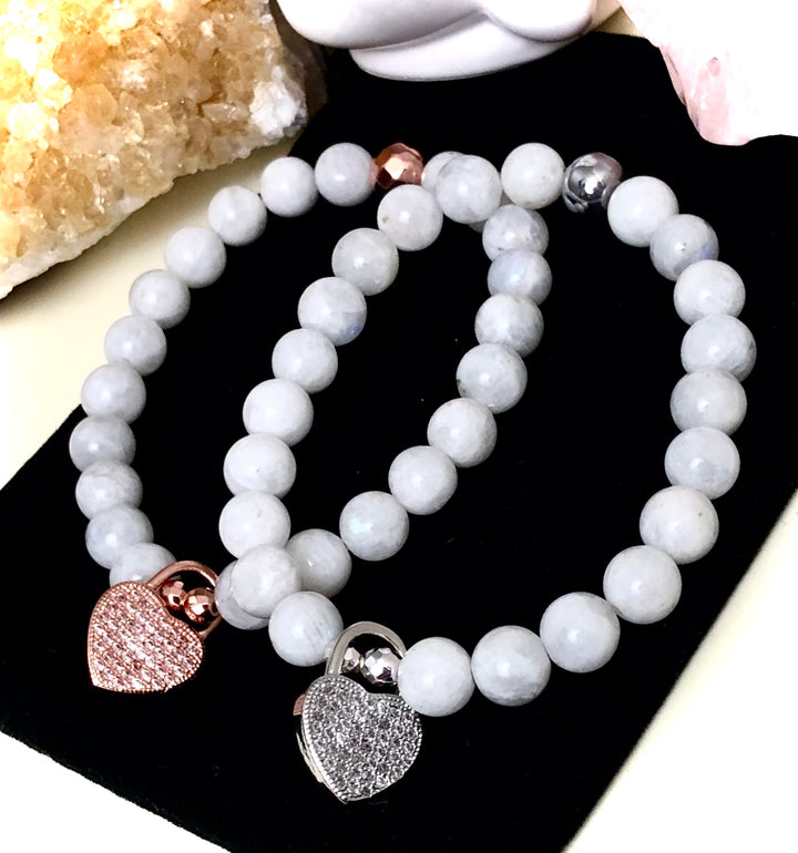 Pavé Heart Padlock Charm Moonstone Bracelet-June Birthstone- Choice of Color