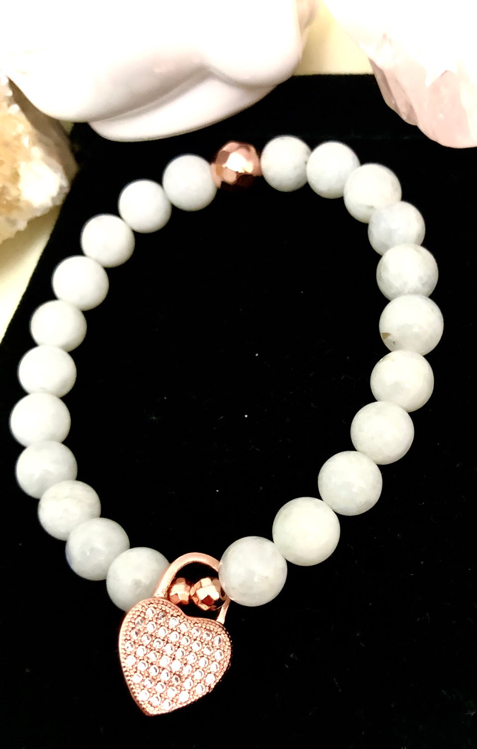 Pavé Heart Padlock Charm Moonstone Bracelet-June Birthstone- Choice of Color