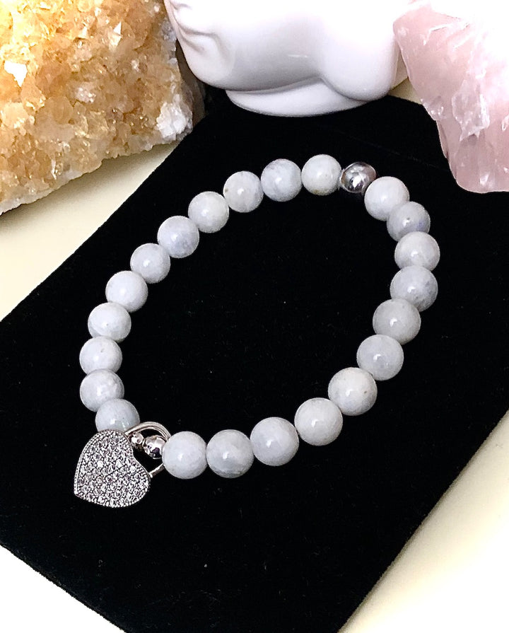 Pavé Heart Padlock Charm Moonstone Bracelet-June Birthstone- Choice of Color