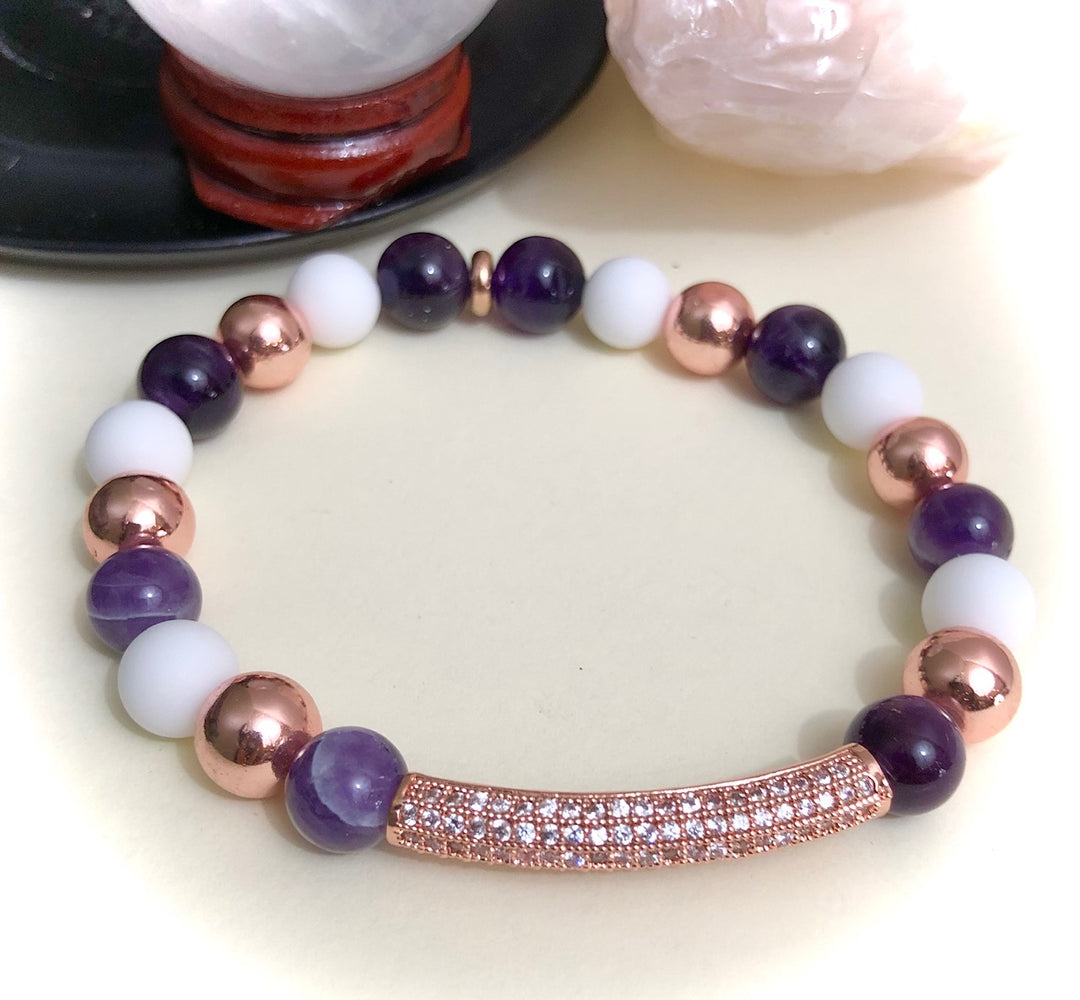 Rose Gold Pavé Elephant & Bar Charm Bracelets- Amethyst, Shell, Hematite & Pavé - Bracelets sold as a SET or Separately