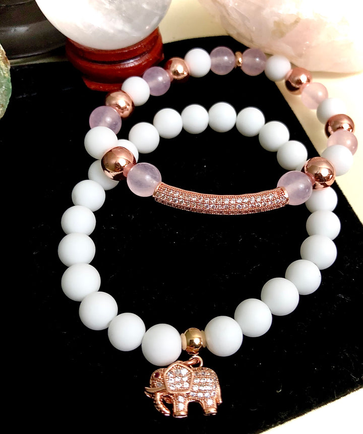 Rose Gold Pavé Elephant & Bar Charm- Rose Quartz, Tridacna, Hematite & Pavé Gemstone Bracelets-Sold Separately or as a SET