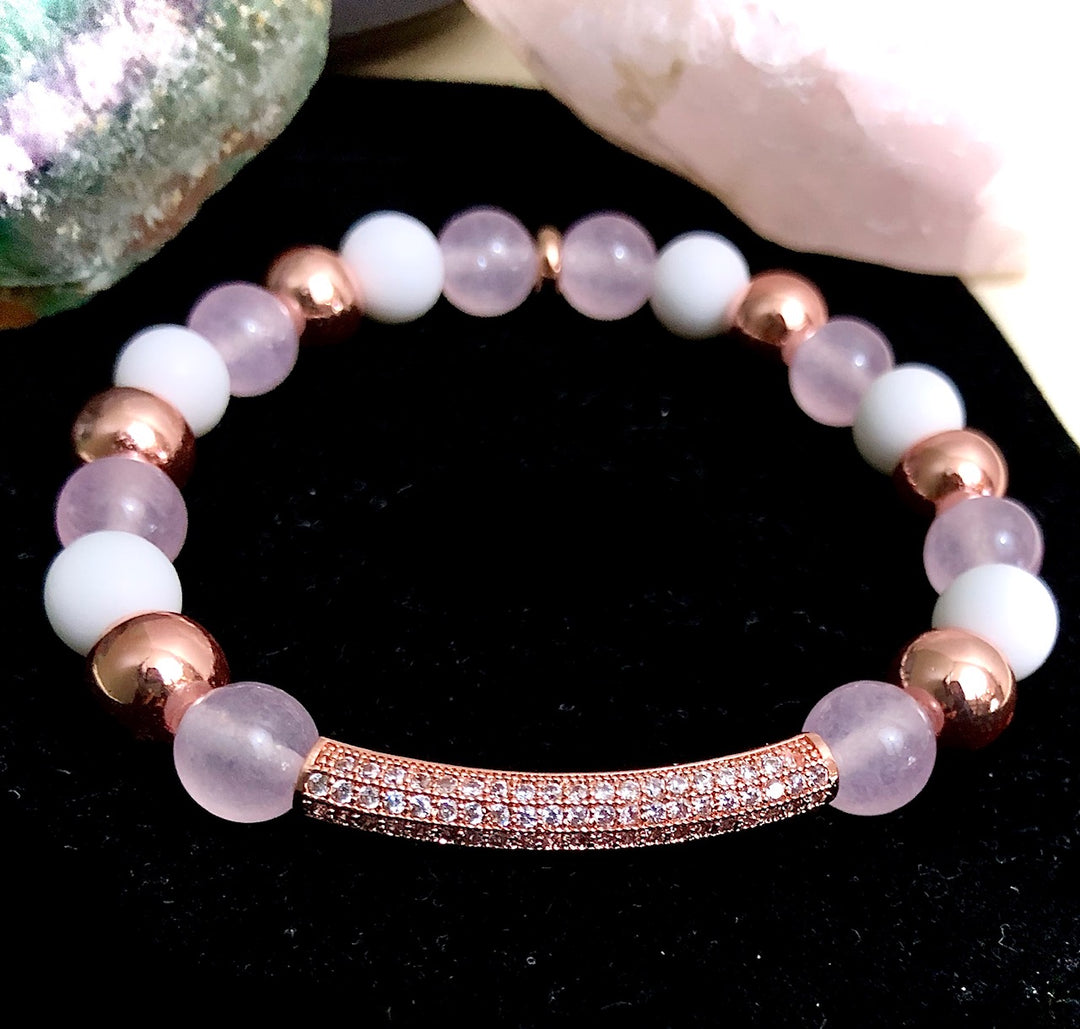 Rose Gold Pavé Elephant & Bar Charm- Rose Quartz, Tridacna, Hematite & Pavé Gemstone Bracelets-Sold Separately or as a SET