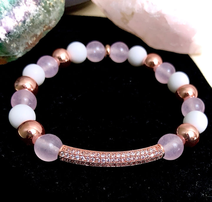 Rose Gold Pavé Elephant & Bar Charm- Rose Quartz, Tridacna, Hematite & Pavé Gemstone Bracelets-Sold Separately or as a SET