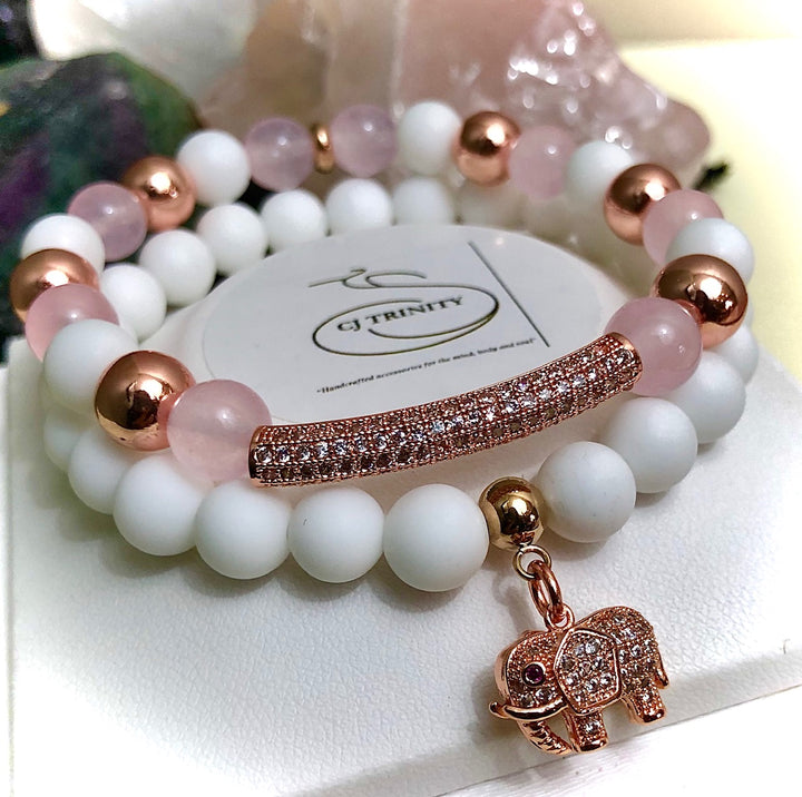 Rose Gold Pavé Elephant & Bar Charm- Rose Quartz, Tridacna, Hematite & Pavé Gemstone Bracelets-Sold Separately or as a SET