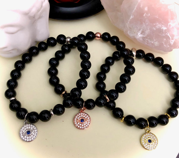 Evil Eye Pavé Glossy Onyx Gemstone Bracelets- Choice of Charm & Accent Color