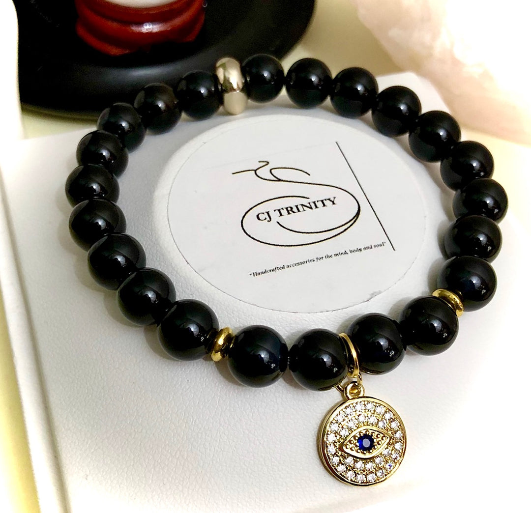 Evil Eye Pavé Glossy Onyx Gemstone Bracelets- Choice of Charm & Accent Color