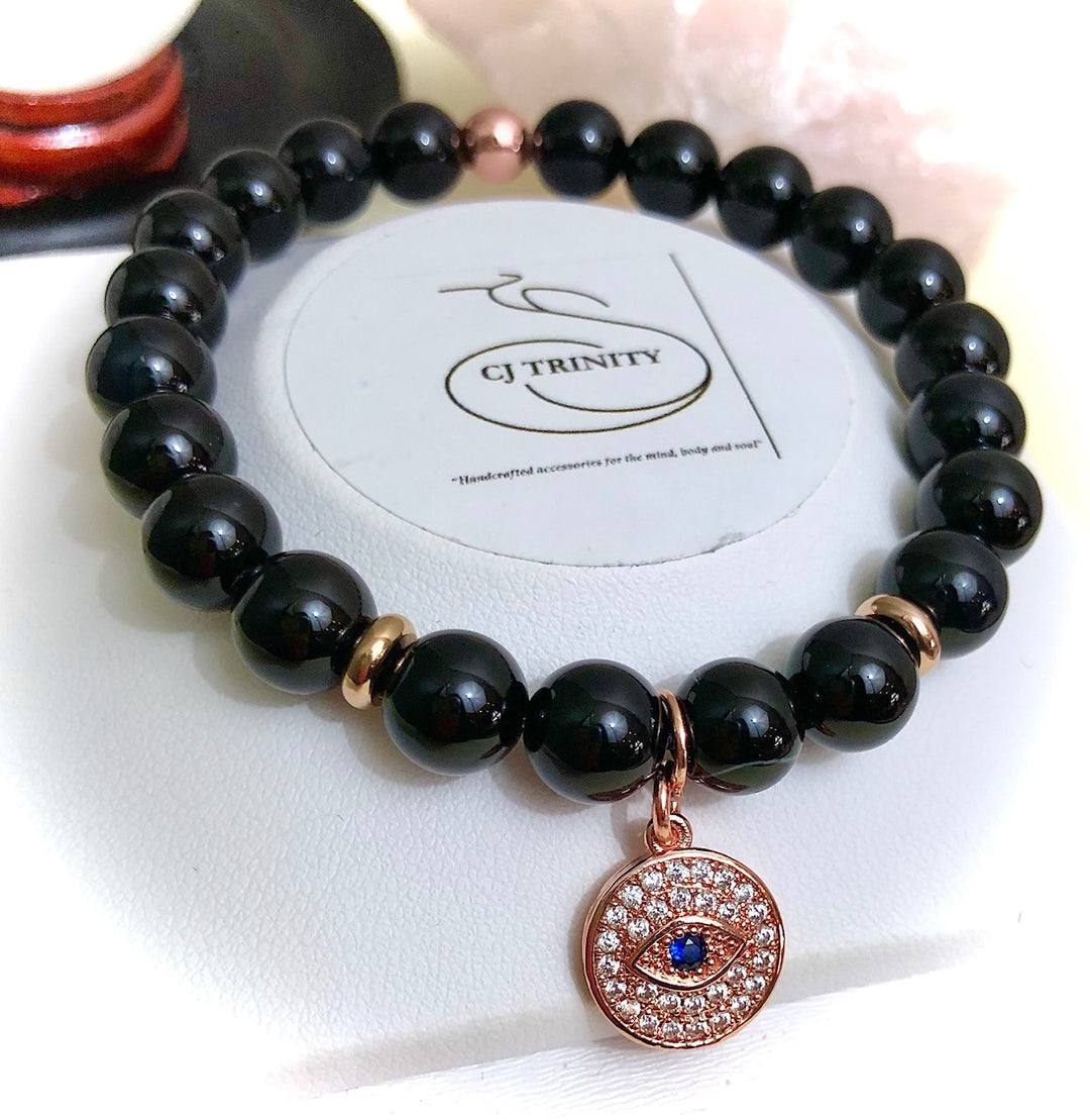 Evil Eye Pavé Glossy Onyx Gemstone Bracelets- Choice of Charm & Accent Color
