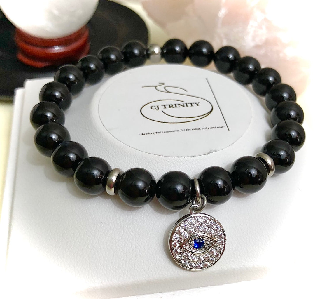 Evil Eye Pavé Glossy Onyx Gemstone Bracelets- Choice of Charm & Accent Color