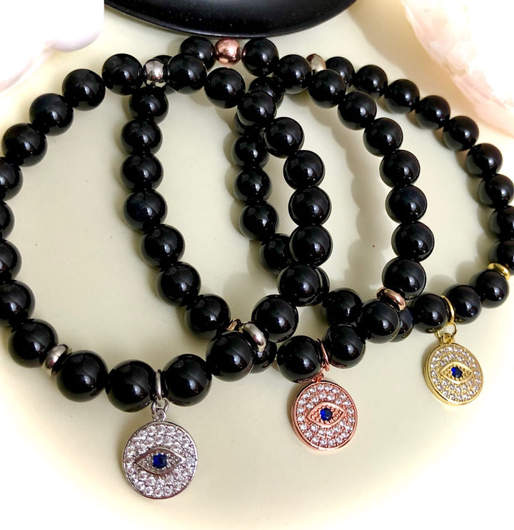 Evil Eye Pavé Glossy Onyx Gemstone Bracelets- Choice of Charm & Accent Color