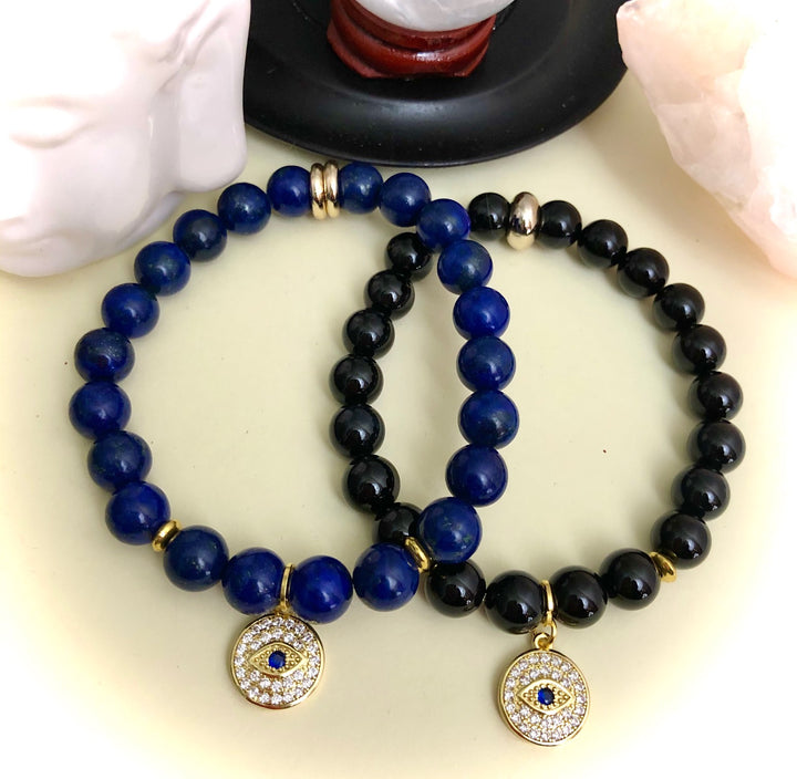 Gold-toned Pavé Evil Eye Charm-Gemstone Bracelet-Choice of Gemstone